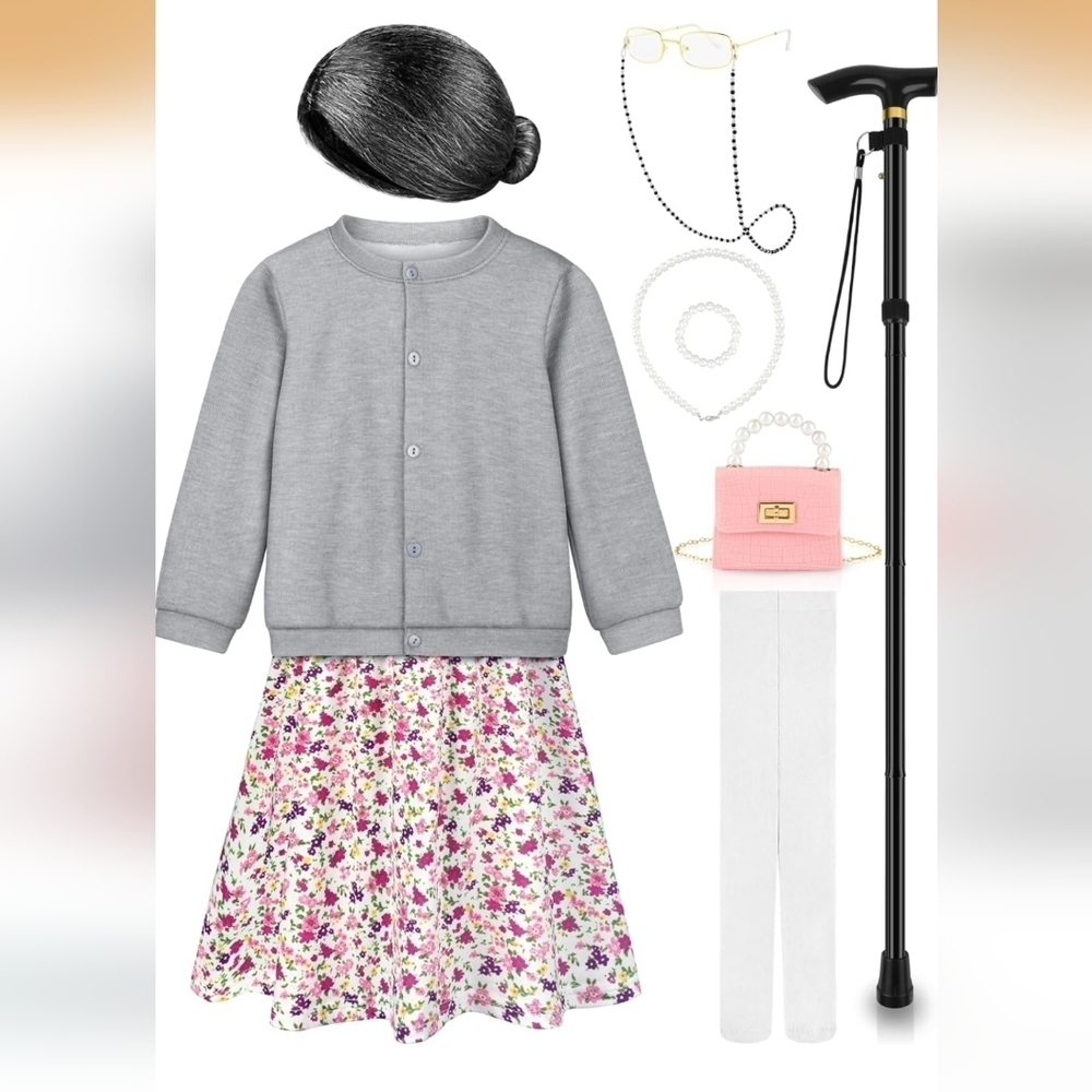 Kids Old Lady Costume 100th Day School Granny Dress Set Girls 11-13 Age Years
